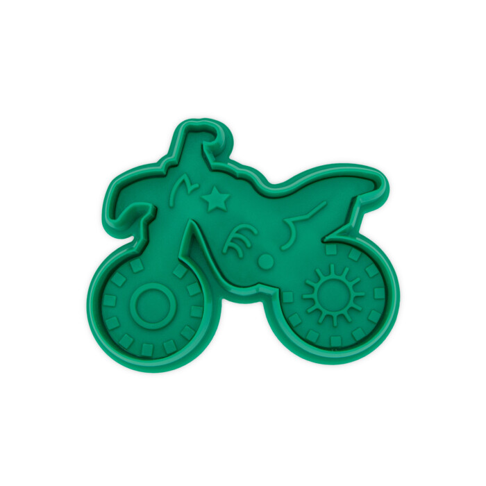 Kunststoff-Präge-Ausstecher mit Auswerfer Motocross 8cm dunkelgrün